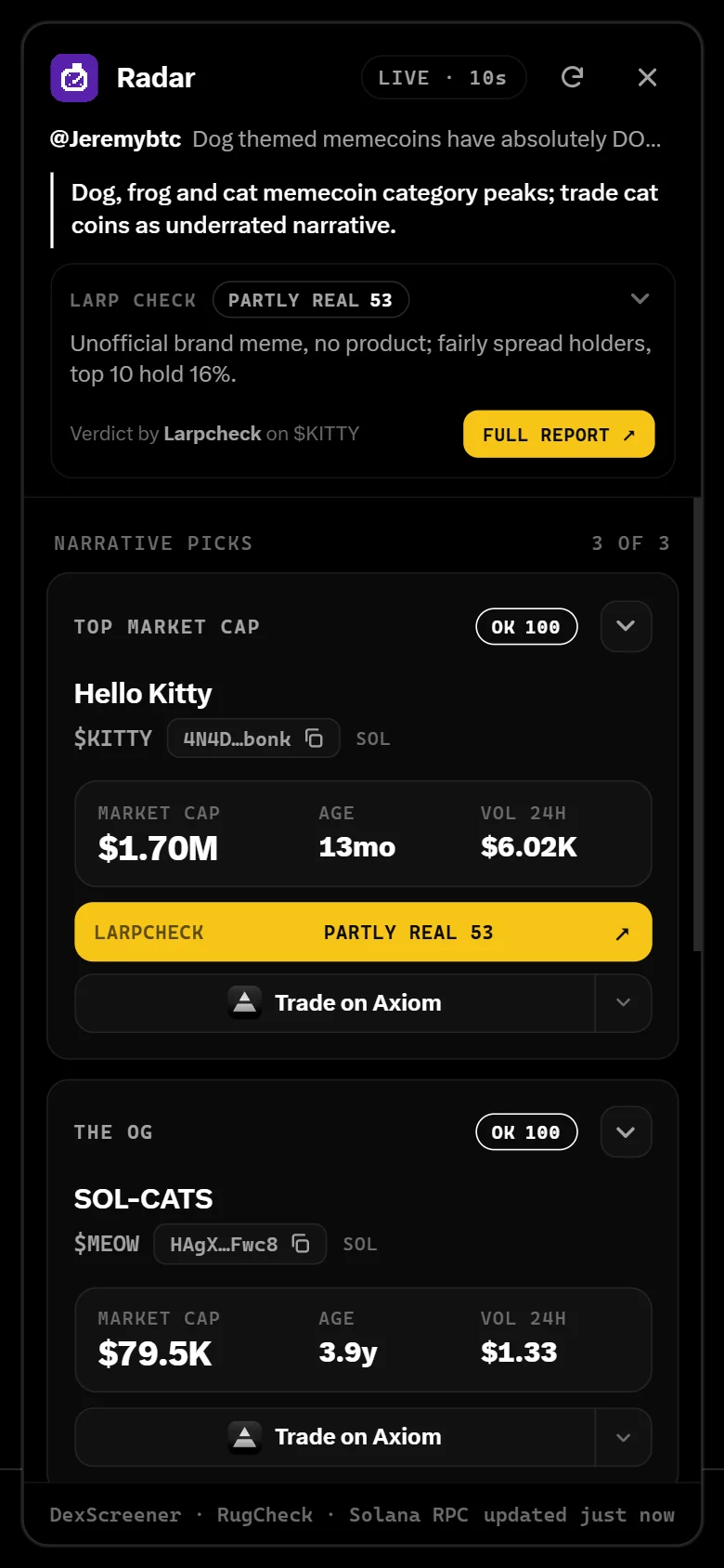 Radar open on a post on X, showing the top market cap coin and the OG with market cap, age and volume